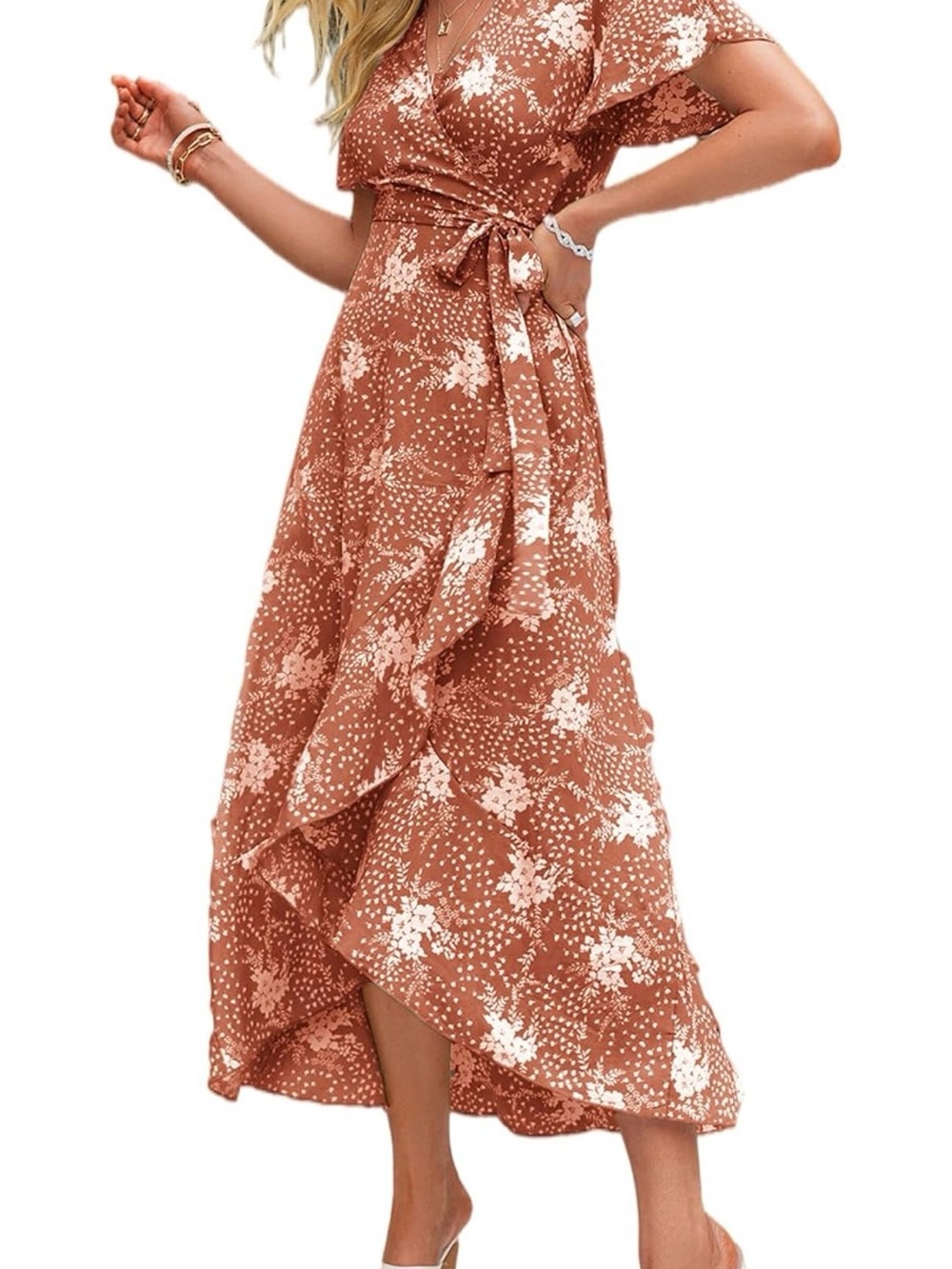 Rust Floral Wrap Maxi Dress with Ruffle Hem